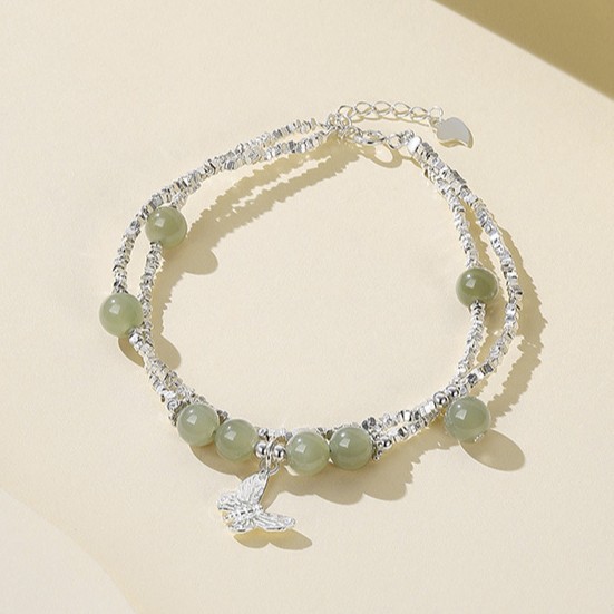 S925 sterling silver butterfly and Hetian jade bracelet, vintage new Chinese style, trendy and unique design, double-layer bracelet