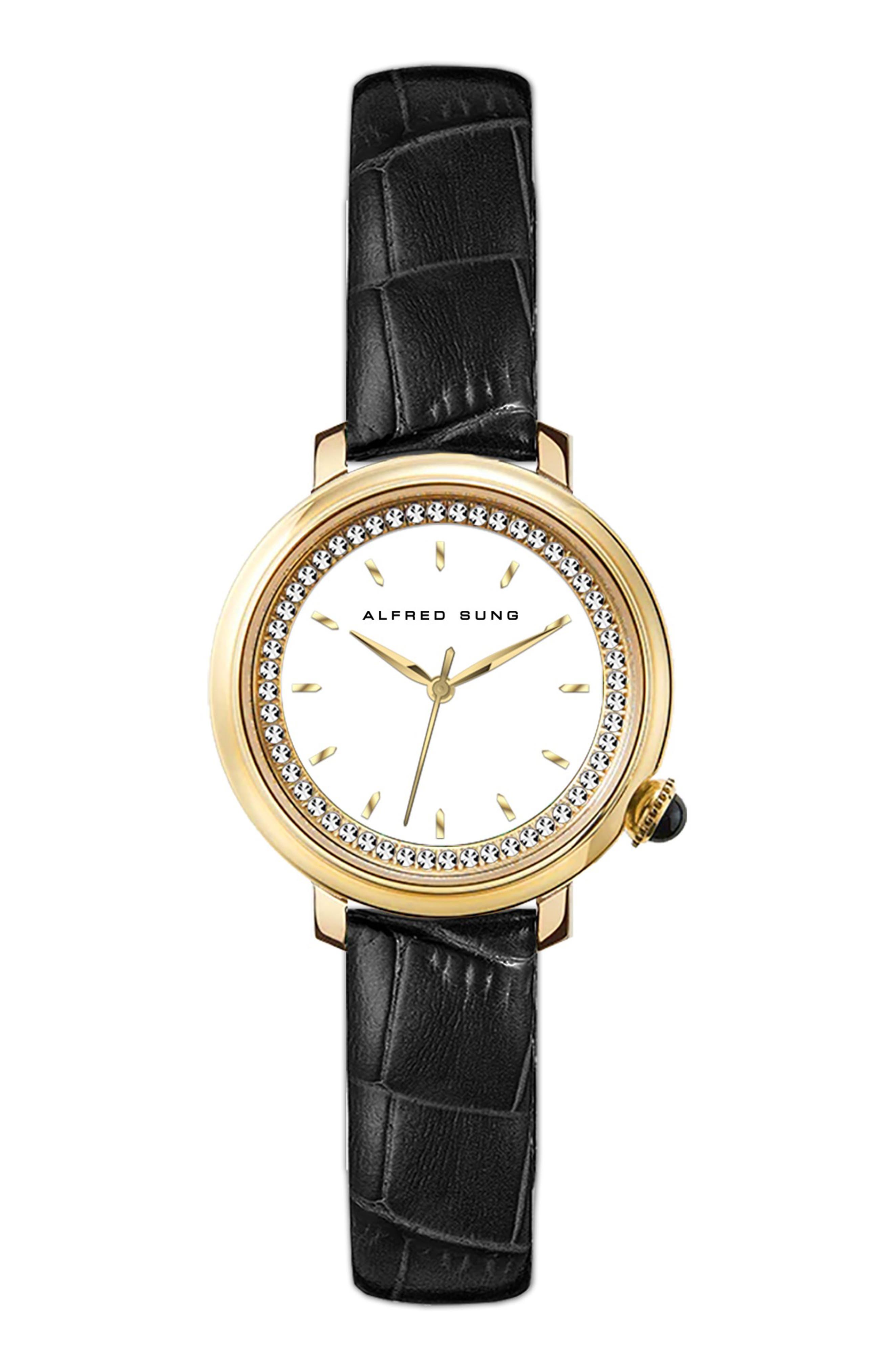 Alfred Sung Three-Hand Quartz Crystal Bezel Leather Strap Watch, 29mm