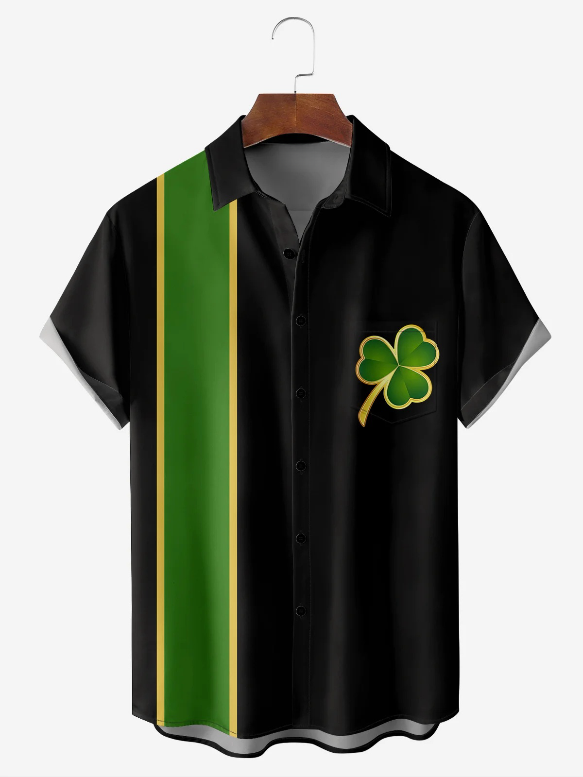 St Patrick‘s Day Shamrock Chest Pocket Short Sleeve Bowling Shirt