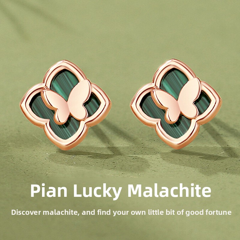 Original butterfly, four-leaf clover, and malachite stud earrings for women, made of 925 sterling silver, featuring a forest-inspired, minimalist, and luxurious design, with silver posts