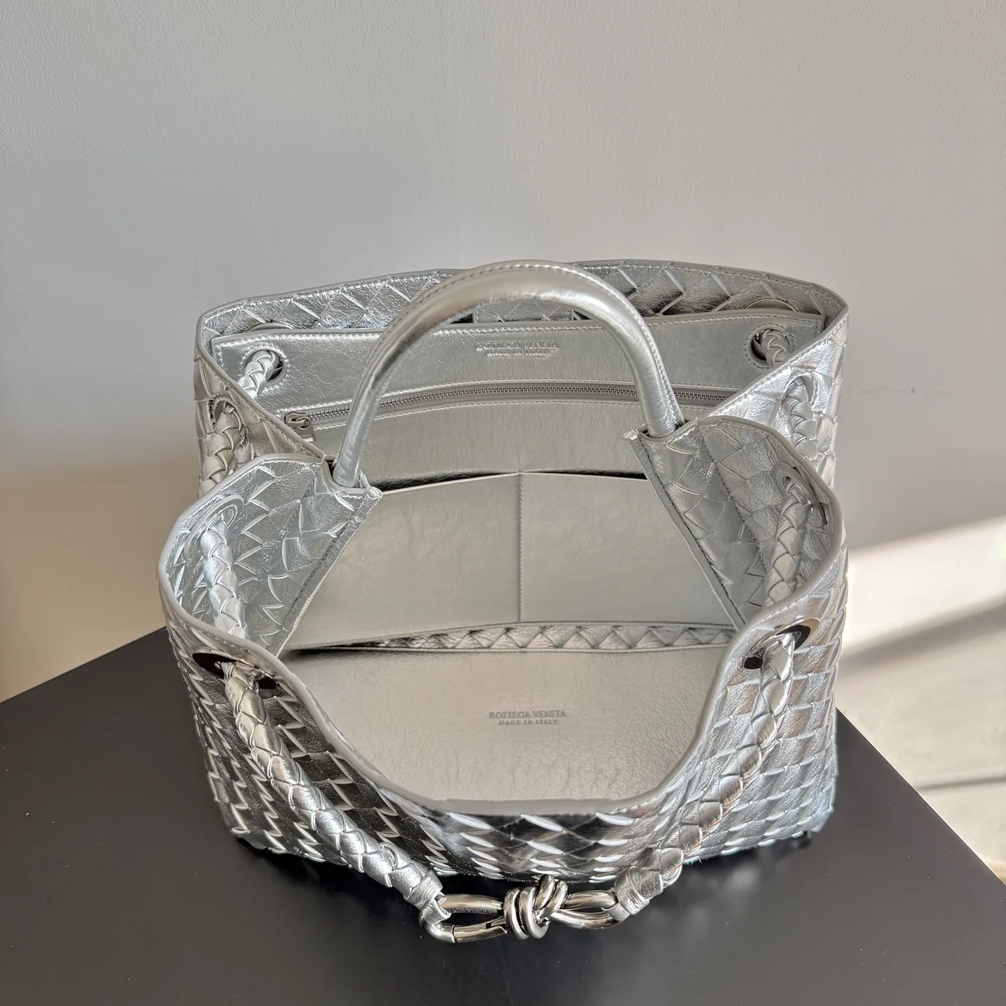 Bottega Veneta Silver Andiamo Intrecciato Woven Leather Top Handle Bag product photo from LabelPicks