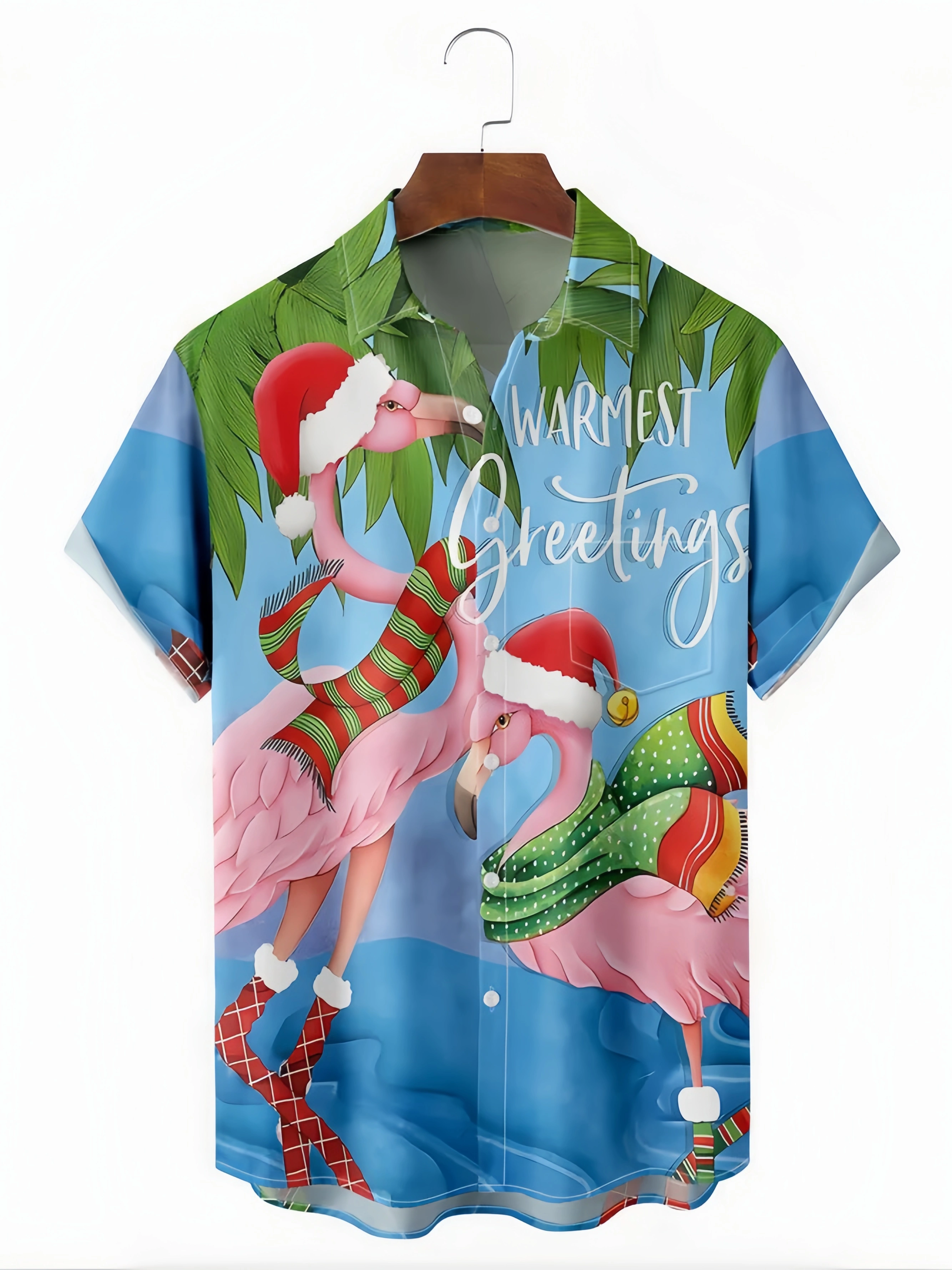 Christmas Flamingo Chest Pocket Short Sleeve Casual Shirt