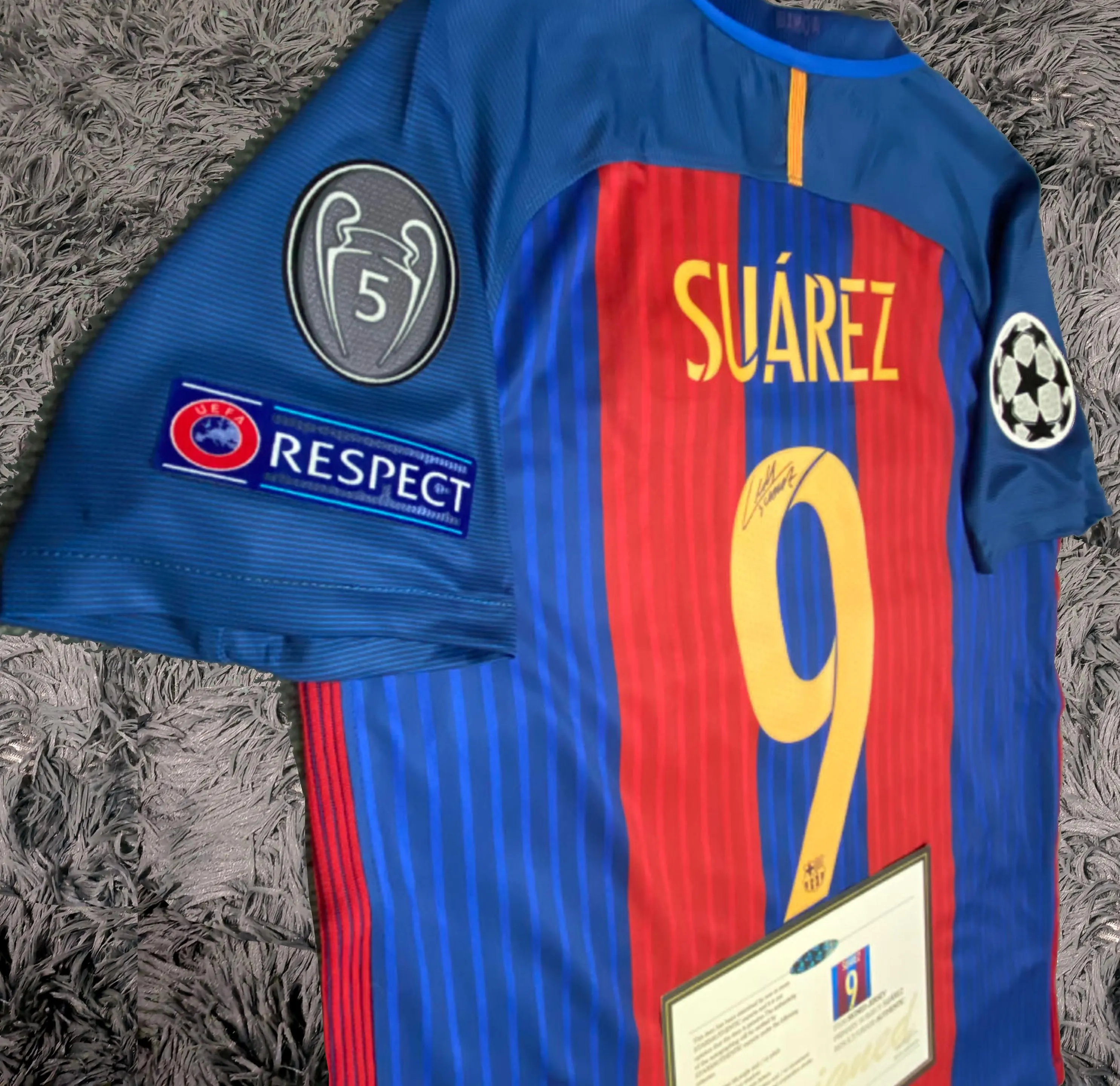 Luis Suarez SIGNED Barcelona 16/17 Home UCL Jersey/Shirt - COA - Retro