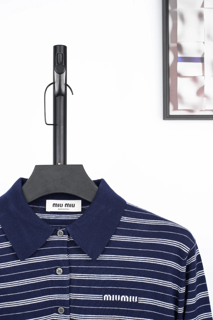 Miu Miu Navy Stripe Logo Intarsia Long Sleeve Polo Shirt product photo from LabelPicks