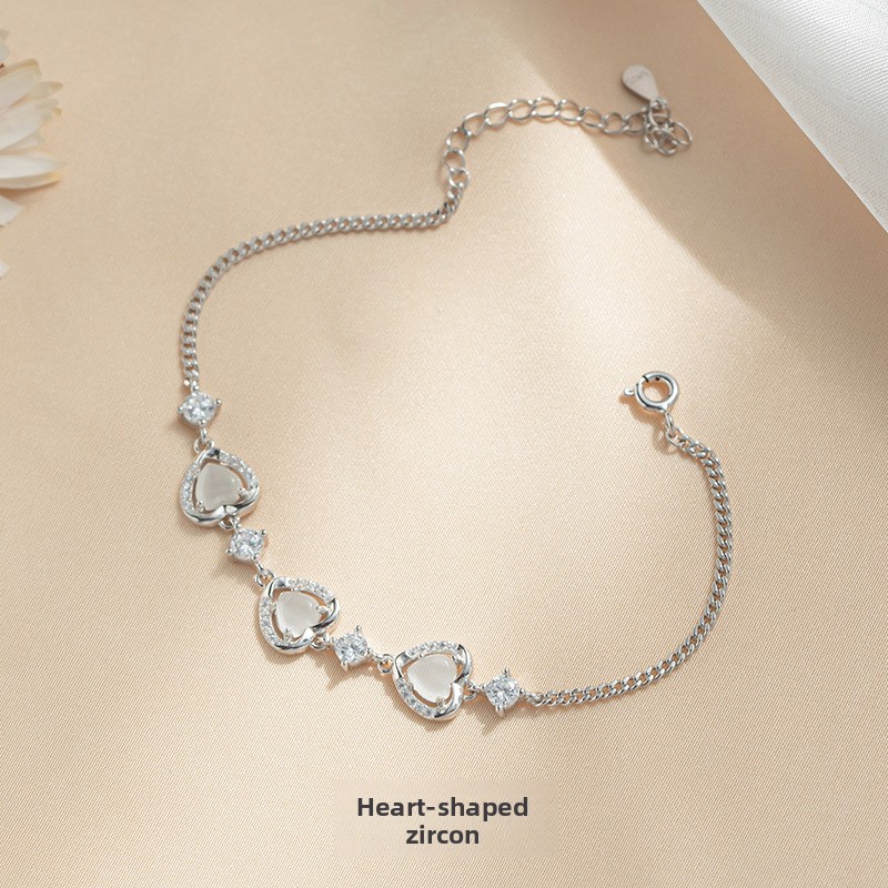 Heart-shaped cat's eye stone bracelet for women, pure silver, Korean style, ins box chain, same style as on Xiaohongshu, bracelet and jewelry