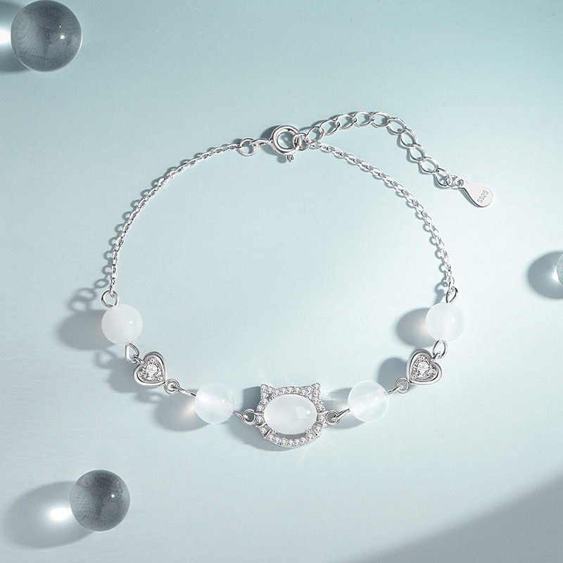 925 sterling silver cat and white jade bracelet, Korean-style, niche design, perfect for girls, a popular bracelet on Xiaohongshu