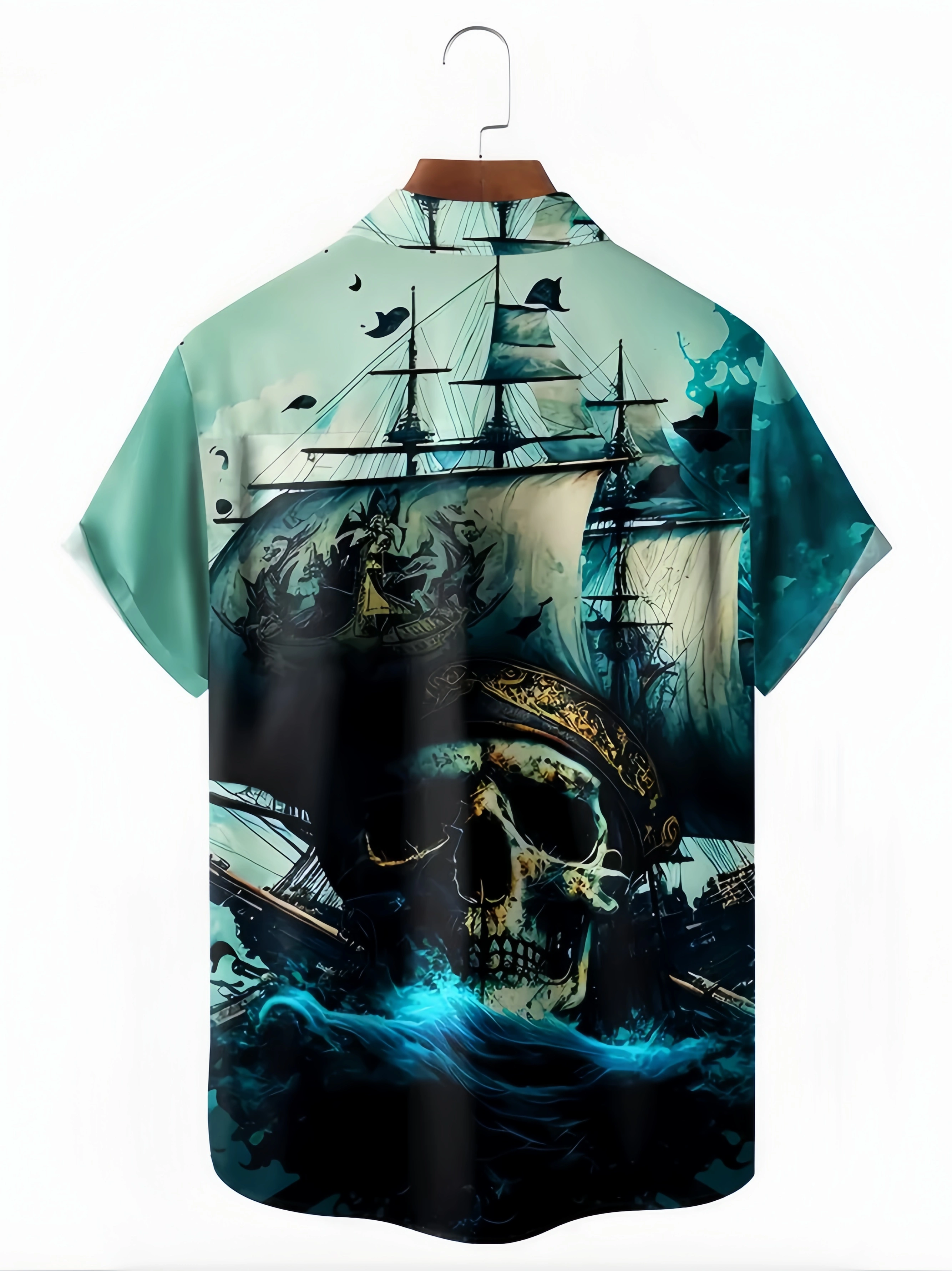 Skull Pirate Ship Chest Pocket Short Sleeve Hawaiian Shirt