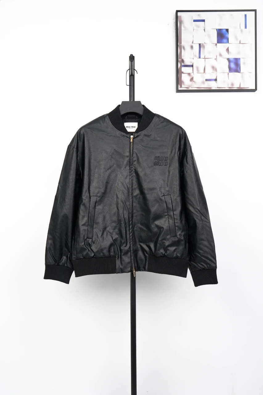 Miu Miu Black Waxed Leather Baseball Jacket product photo from LabelPicks