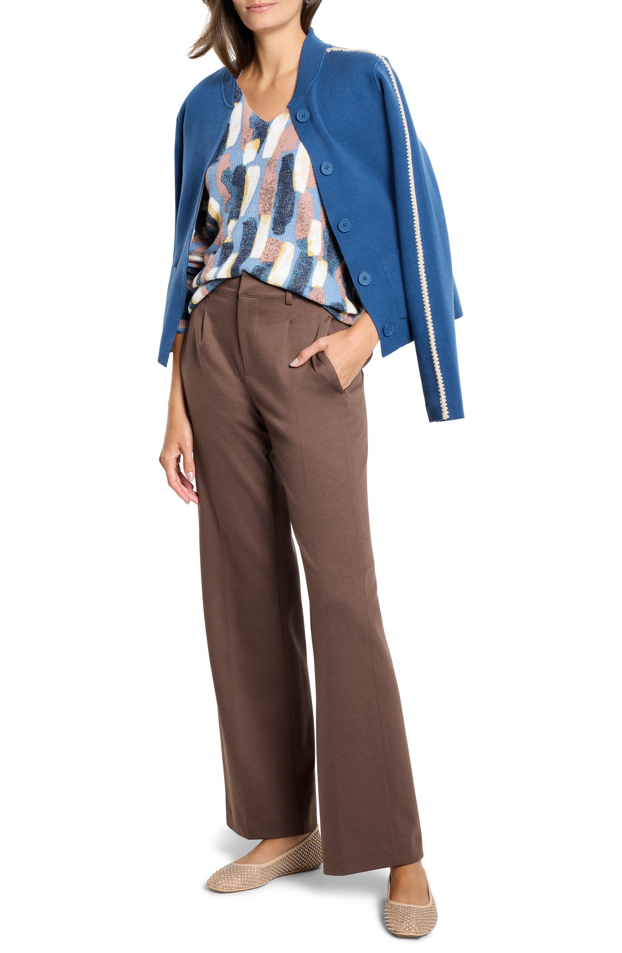 NIC+ZOE Brushstrokes Waffle Stitch V-Neck Sweater