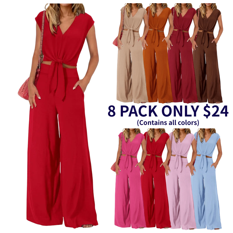 🔥Today's Specials-All Colors Just 24.99🎉 Women's  2 Piece Outfits Cap Sleeve V Neck Belted Crop Tops Wide Leg Pant Sets Casual Tracksuit Womenswear