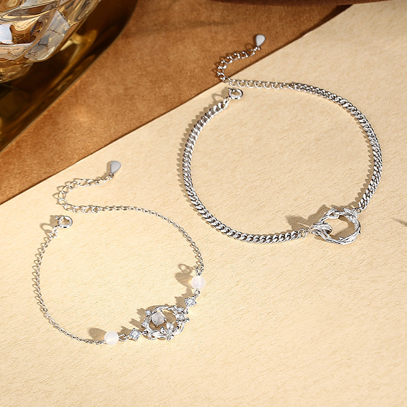 Original Peach Blossom Couple Bracelet, 925 Sterling Silver, Forest-Themed Floral Branch and Leaf Design, Perfect Gift for Best Friends, Geometric Bracelet