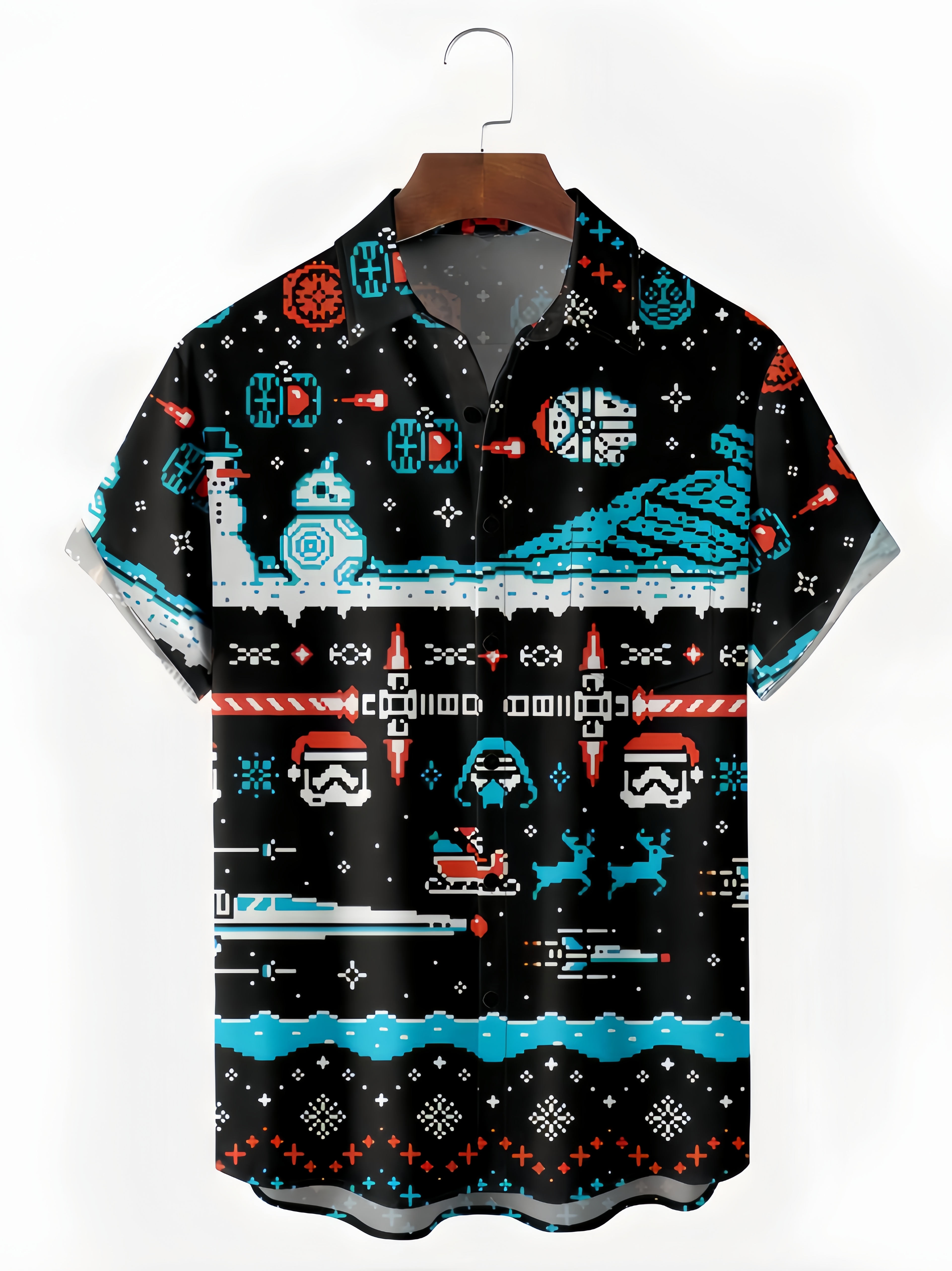 Christmas Cartoon Graphic Chest Pocket Short Sleeve Casual Shirt