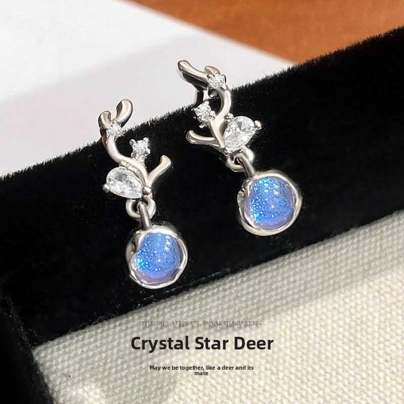 Original design, glass-studded star deer earrings for women, 925 sterling silver, Korean style, minimalist and fresh deer antler earrings, unique design jewelry