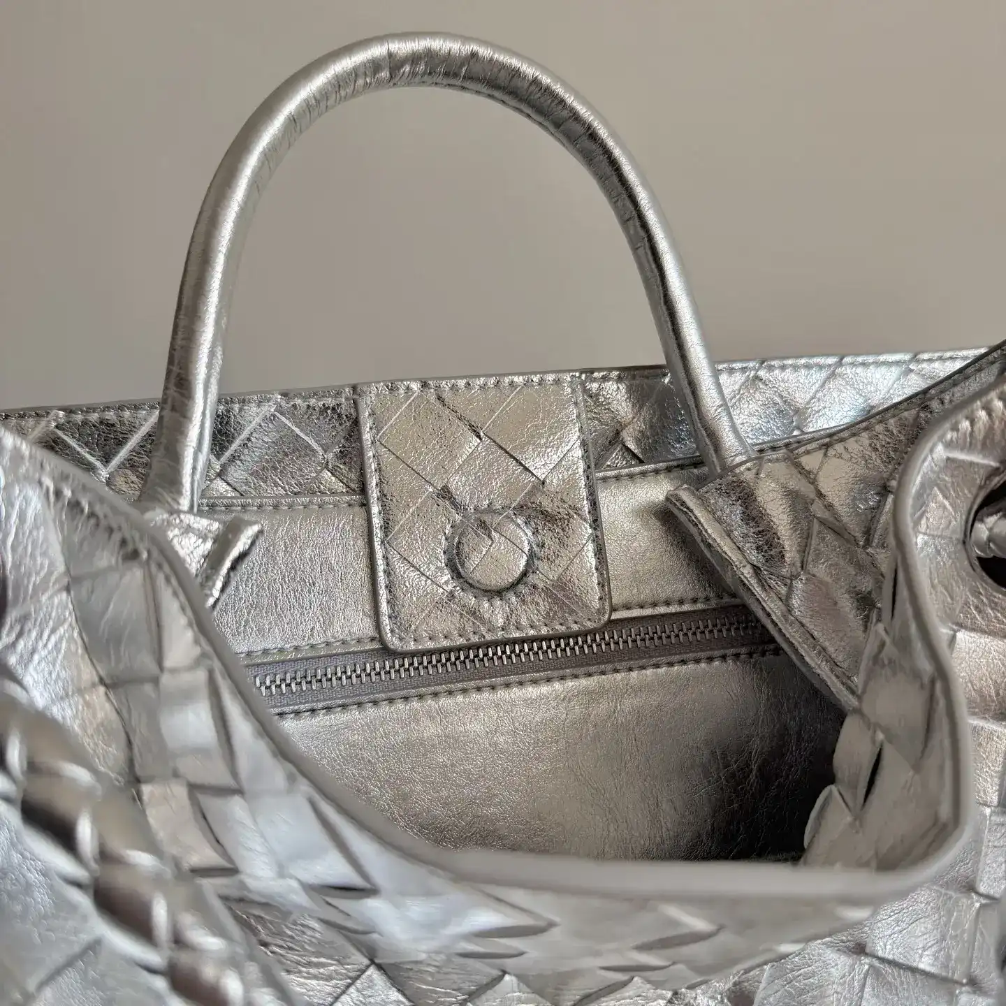 Bottega Veneta Silver Andiamo Intrecciato Woven Leather Top Handle Bag product photo from LabelPicks