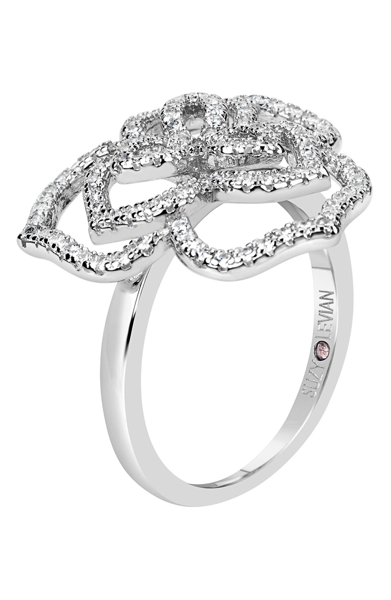 SUZY LEVIAN Sterling Silver Pavé CZ Flower Ring