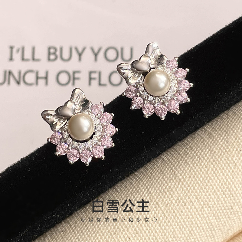 Original Snow White Bow Earrings for Women, 925 Sterling Silver, Delicate Zircon and Pearl Earrings, Light Luxury and High-End Feel