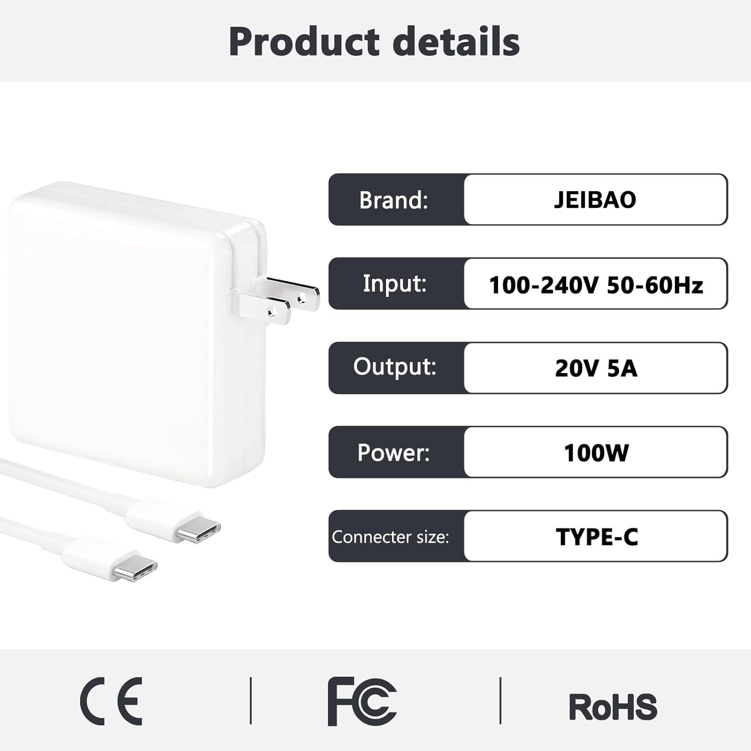 MacBook Pro/Air Charger - 100W USB-C Fast Charger, compatible with MacBook Pro/Air, M1, M2, M3, M4, M5, iPad Pro, and all USB-C laptops and phones, 6.6ft charging cable