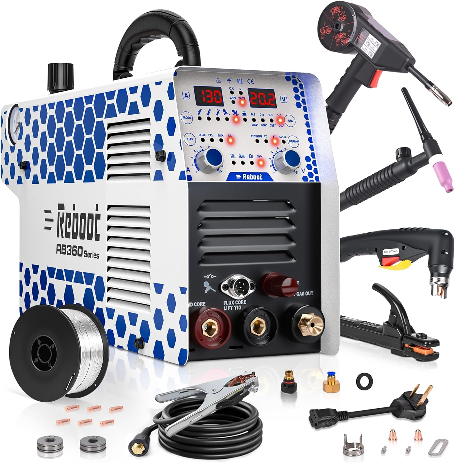 Reboot 130A Plasma Cutter Welder Combo 120V/240V Dual Voltage Plasma Cutter Machine 1/2 Inch Clean Cut 5/8 Inch Max Cut Gas MIG/Flux Core/Stick/LIFT TIG/Aluminum Welding with Spool Gun