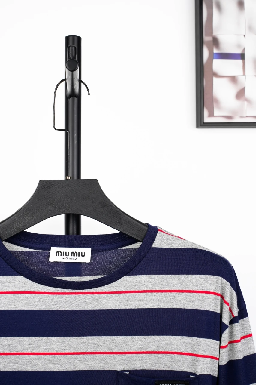 Miu Miu Navy Pink Stripe Pocket Long Sleeve T-Shirt product photo from LabelPicks