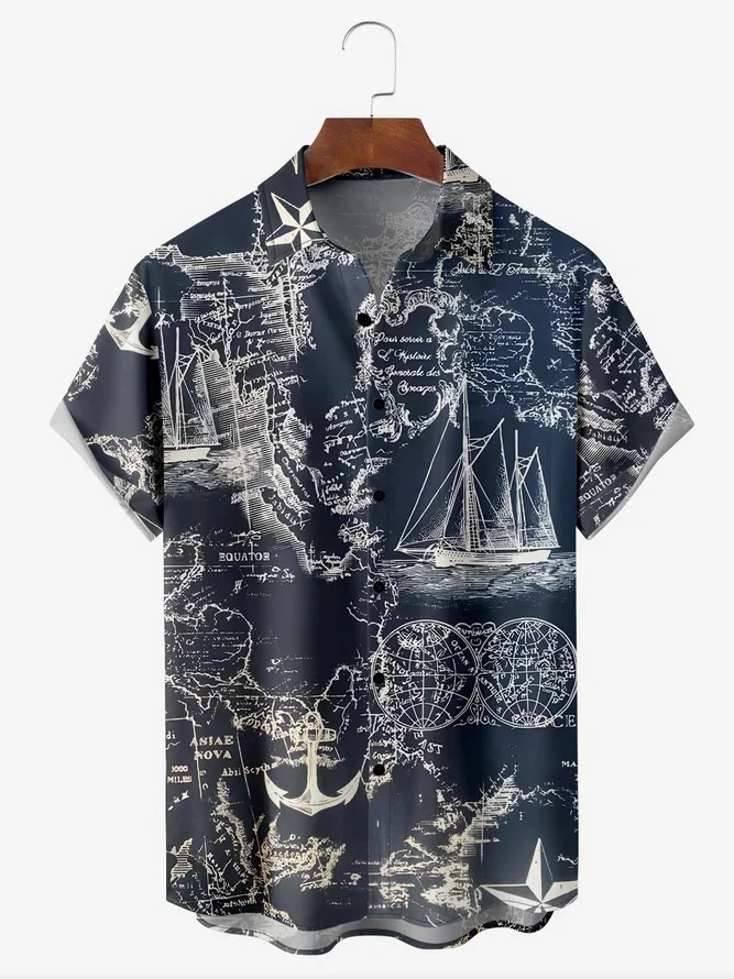 Nautical Map Chest Pocket Short Sleeve Hawaii Shirt