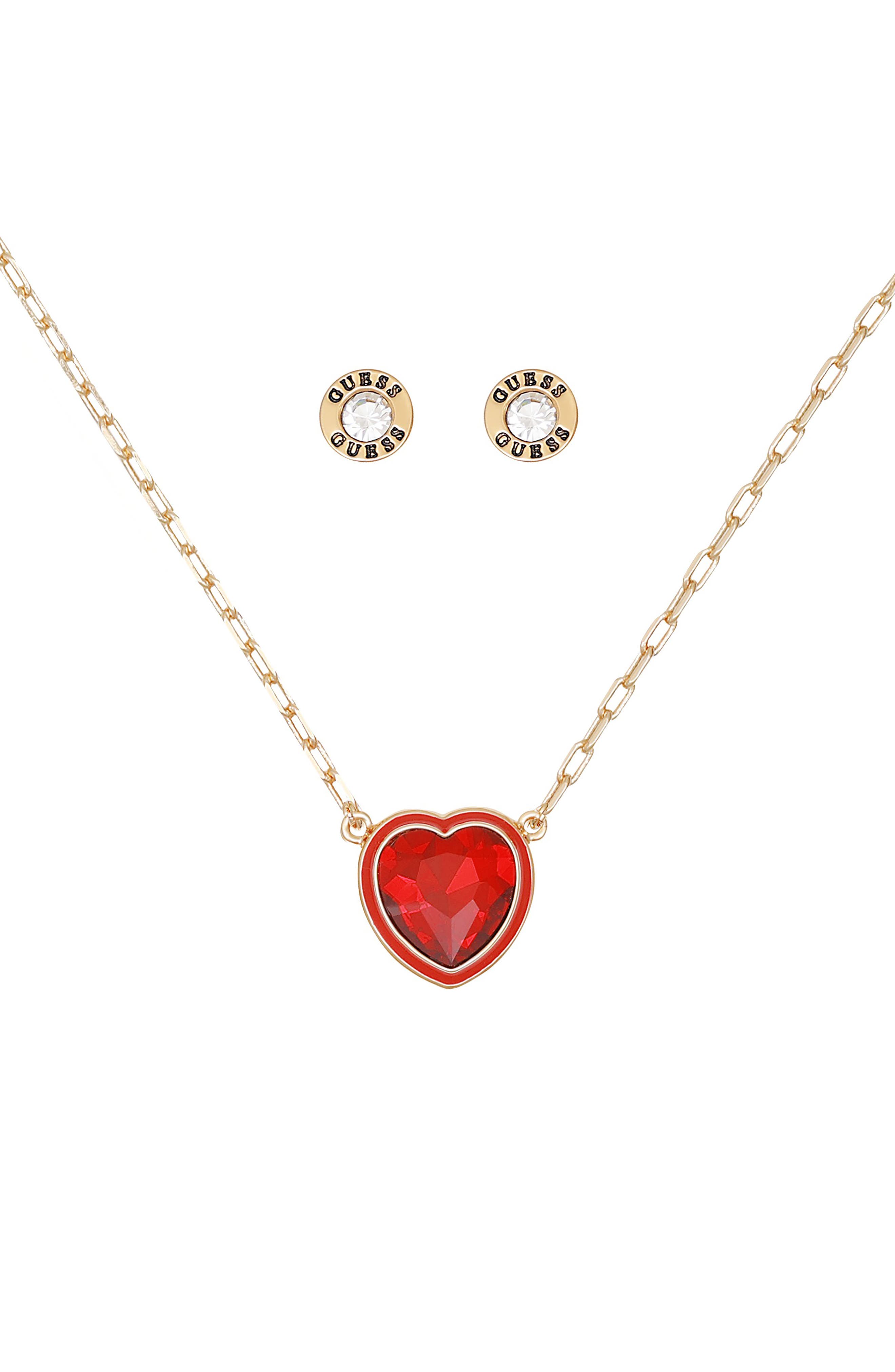 GUESS Heart Pendant Necklace & Stud Earrings Set