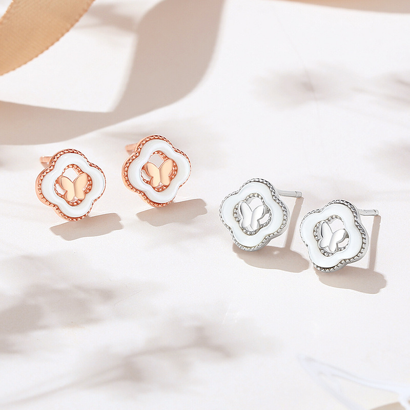 Original four-leaf clover butterfly earrings for women, 925 sterling silver, forest style, light luxury, high-end feel, mother-of-pearl earrings, rose gold ear accessories