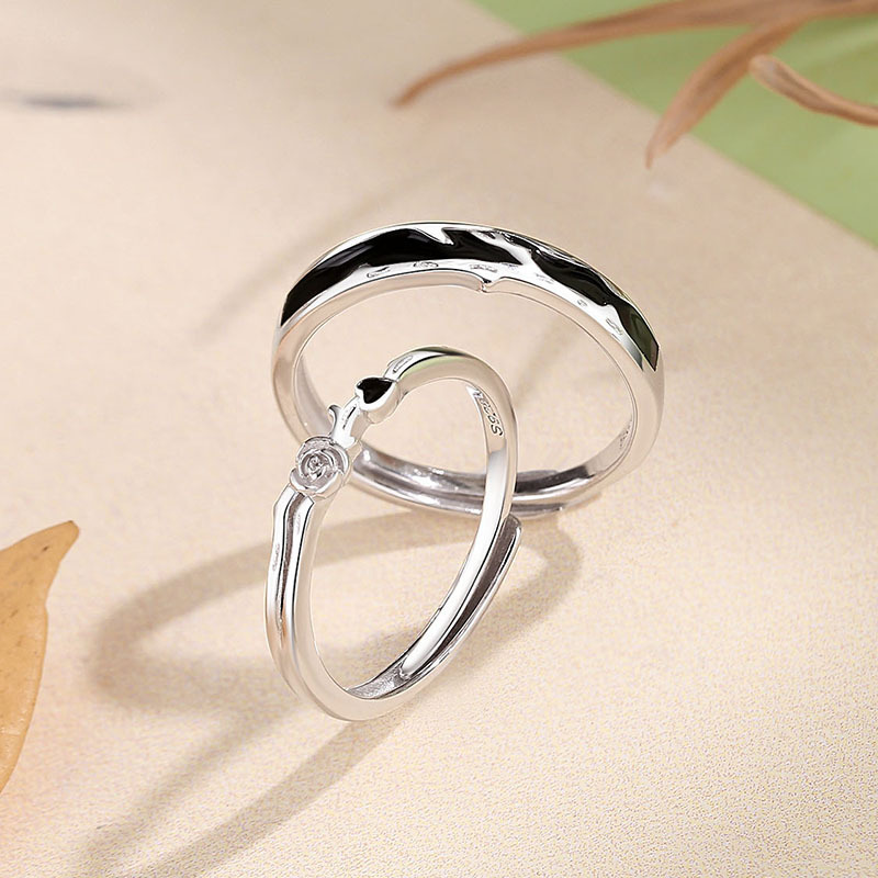 Original design, rose-themed couple rings, 925 sterling silver, unisex, featuring a unique and stylish design, adjustable size