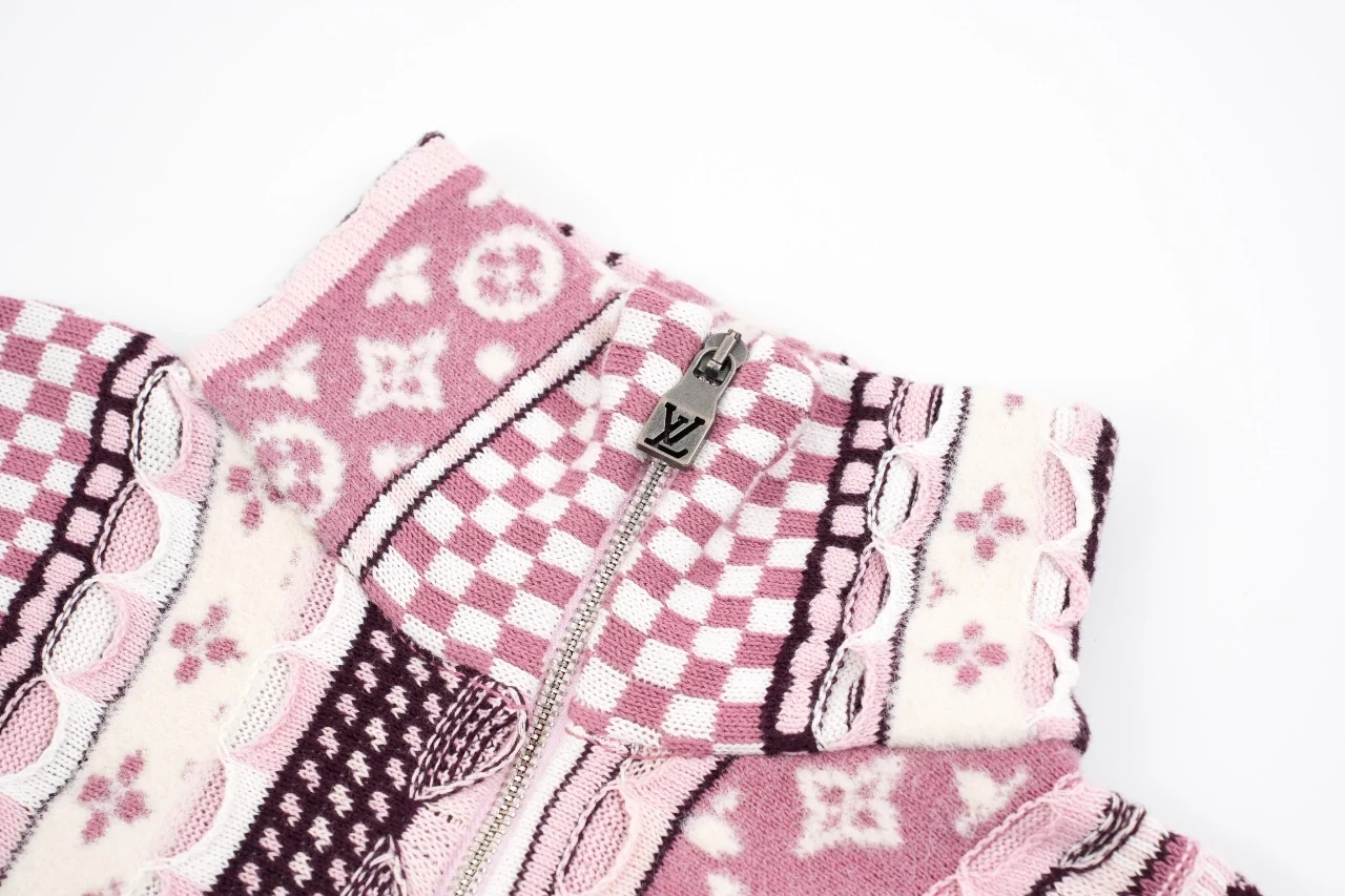 Louis Vuitton Pink White Monogram Jacquard Half Zip Sweater Jacket product photo from LabelPicks