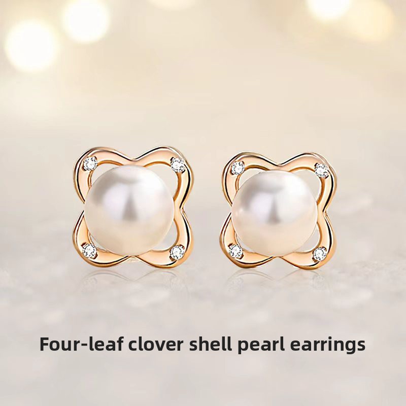 925 sterling silver four-leaf clover shell pearl earrings for women, vintage and minimalist style, Korean fashion, suitable for everyday wear