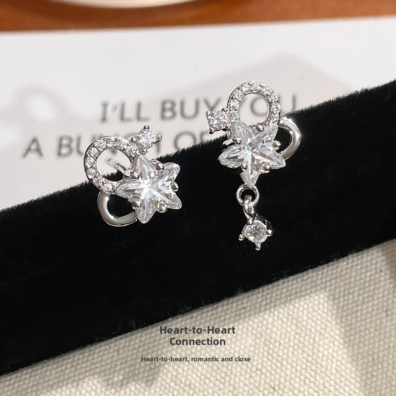 Original Star Heart Earrings for Women, 925 Sterling Silver, Korean Style, Unique Asymmetrical Star and Heart Design, Trendy Ins Style Earrings