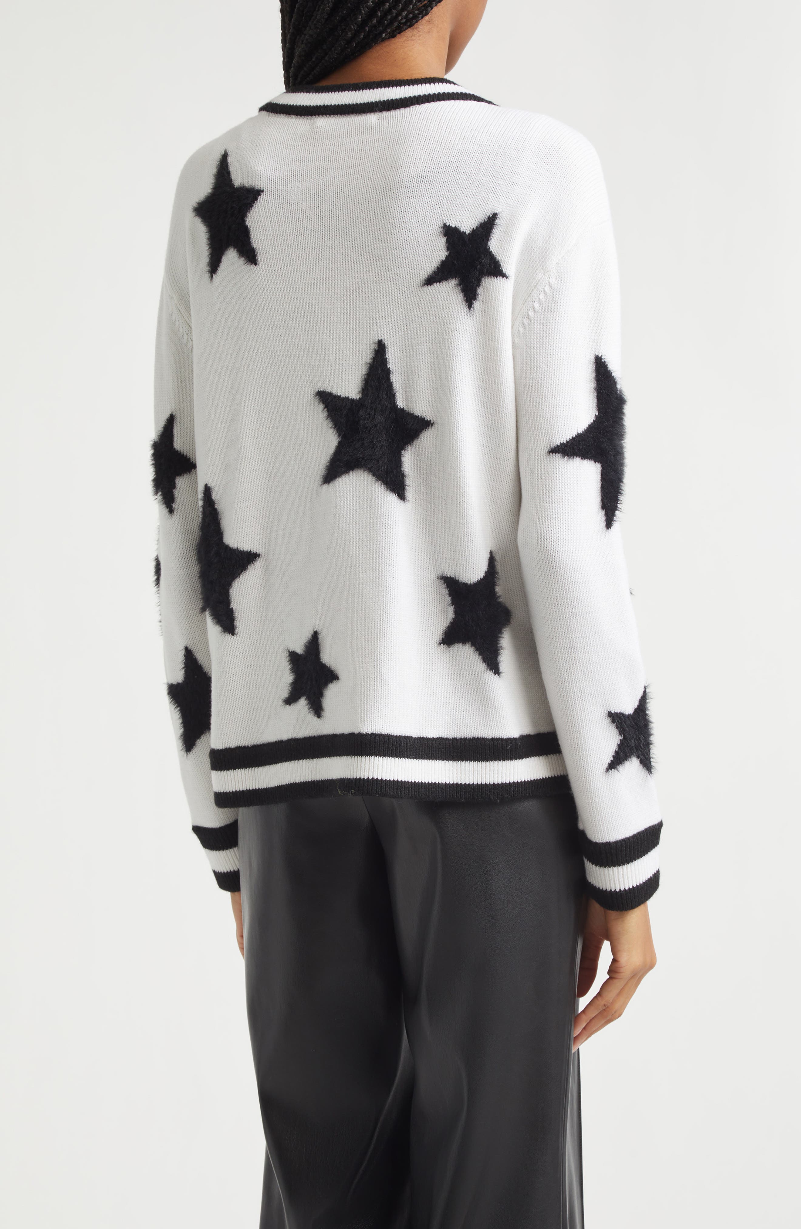 Alice + Olivia Bradley Intarsia Star & Stripe Trim Wool Blend Cardigan