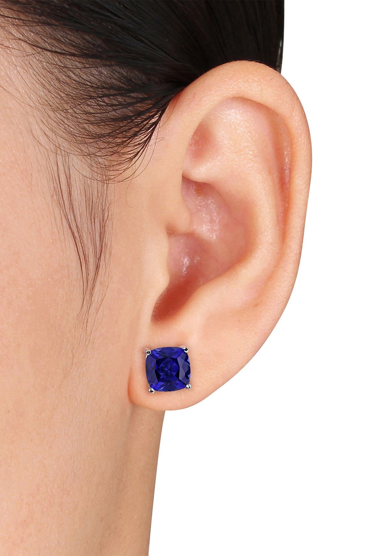 DELMAR Sterling Silver Created Blue Sapphire Cushion Stud Earrings