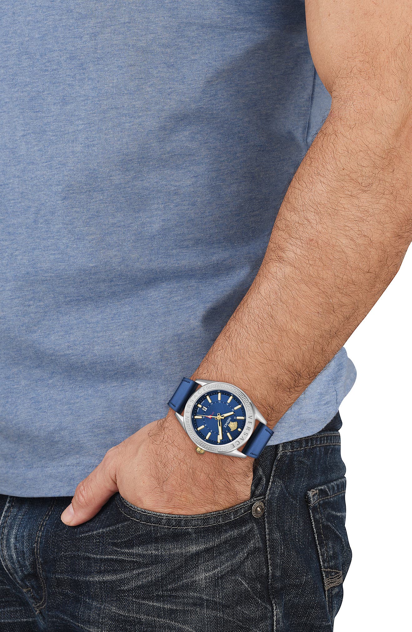 Versace V-Code GMT Leather Strap Watch, 42mm