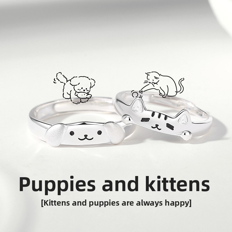 Original design couple rings featuring kittens and puppies, made of sterling silver, with a unique and minimalist cartoon style, adjustable opening, perfect as a Valentine's Day gift