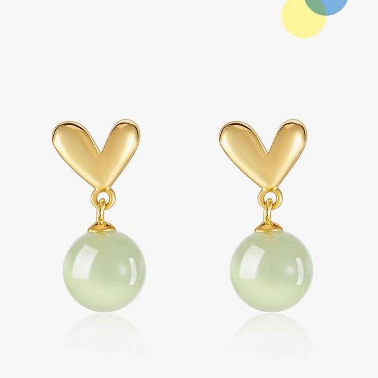 S925 sterling silver heart-shaped Hetian jade earrings, versatile and elegant, with a trendy Instagram-inspired design, and 14k gold-plated accents