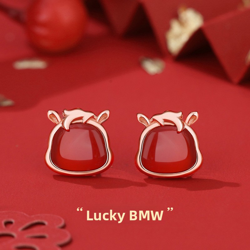 Original twelve zodiac animal-themed lucky horse earrings, made of pure silver, featuring a Chinese-style design with red agate stones, perfect for the year of one's birth animal