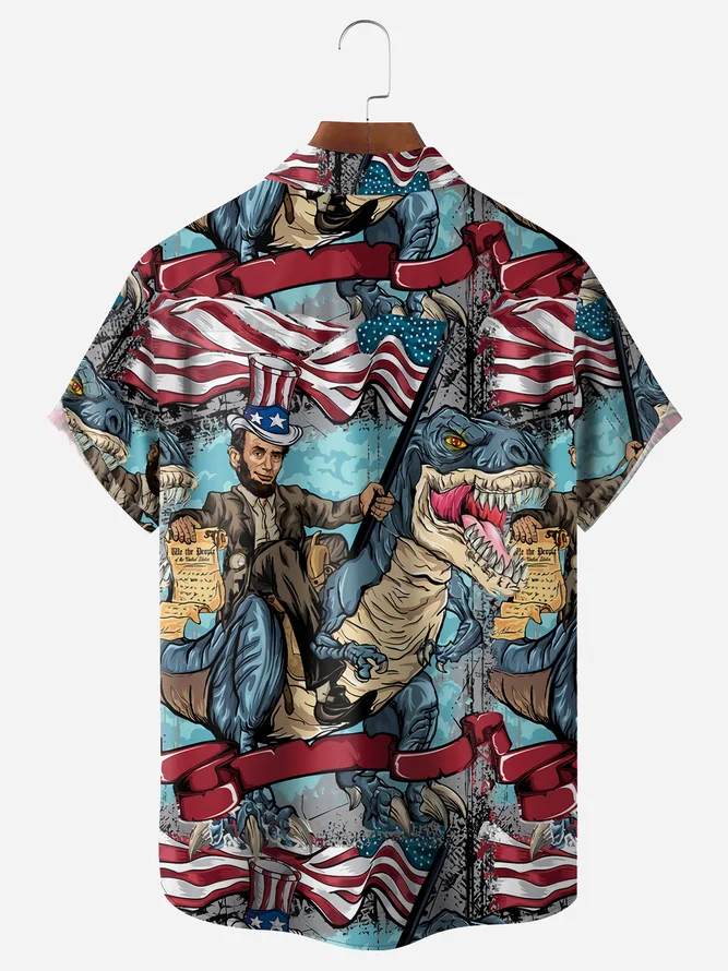 Flag Dinosaur Chest Pocket Short Sleeve Casual Shirt