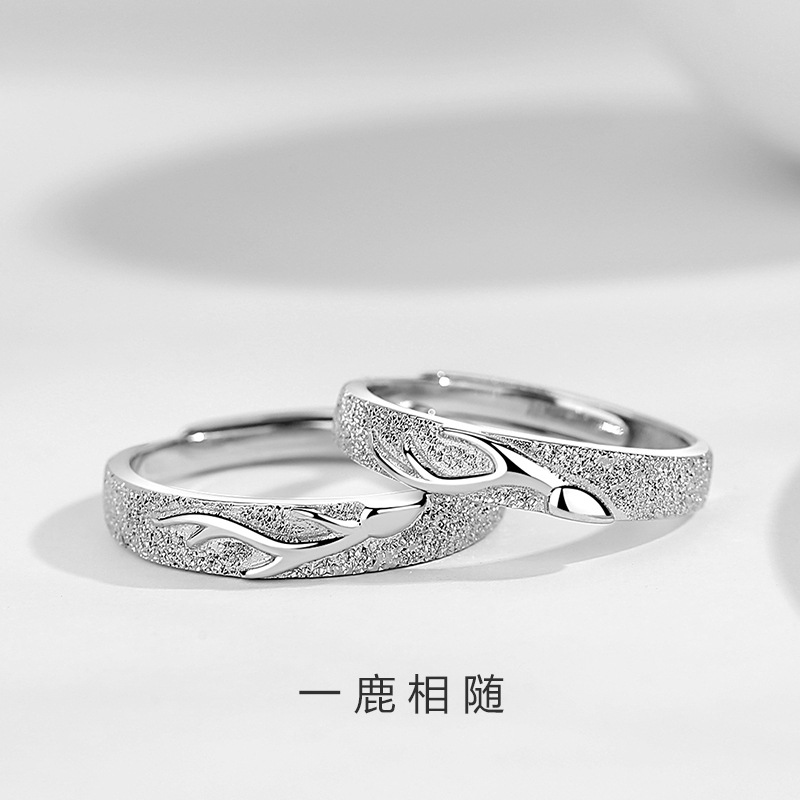 Forest-themed deer couple rings, featuring shimmering sand accents, made of sterling silver, Korean style, popular online, with a unique matte finish and a distinctive design