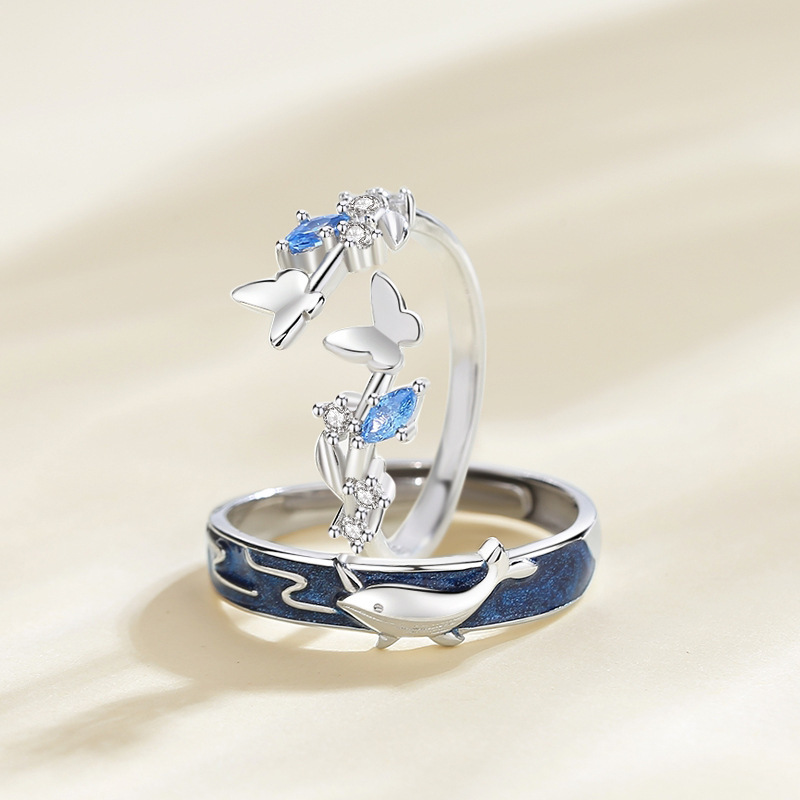 999 pure silver whale and butterfly couple rings, featuring a unique design, forest theme, and adjustable size, making them perfect as a Valentine's Day gift