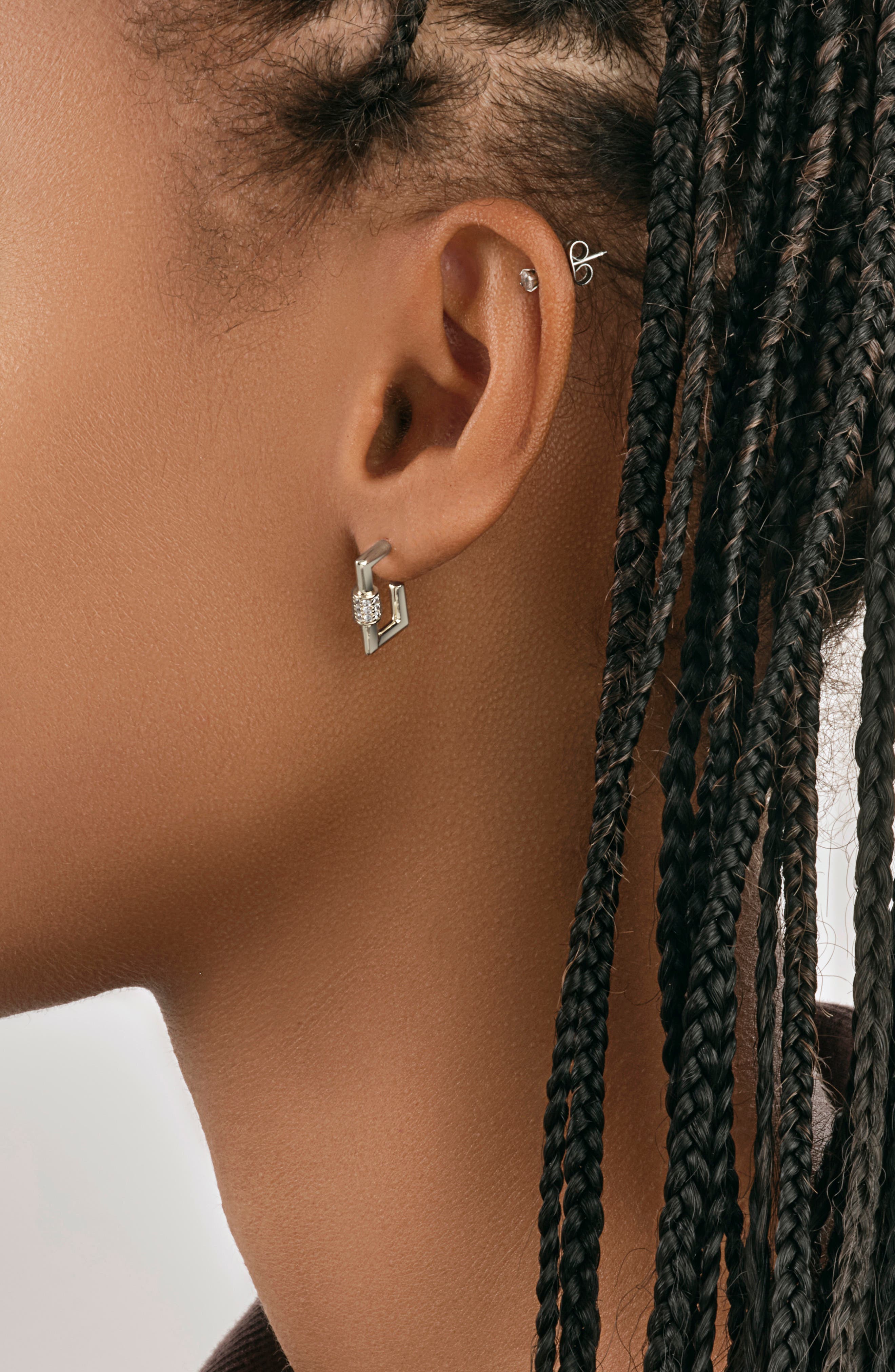 Sterling Forever Rhodium Plated CZ Carabiner Square Hoop Earrings