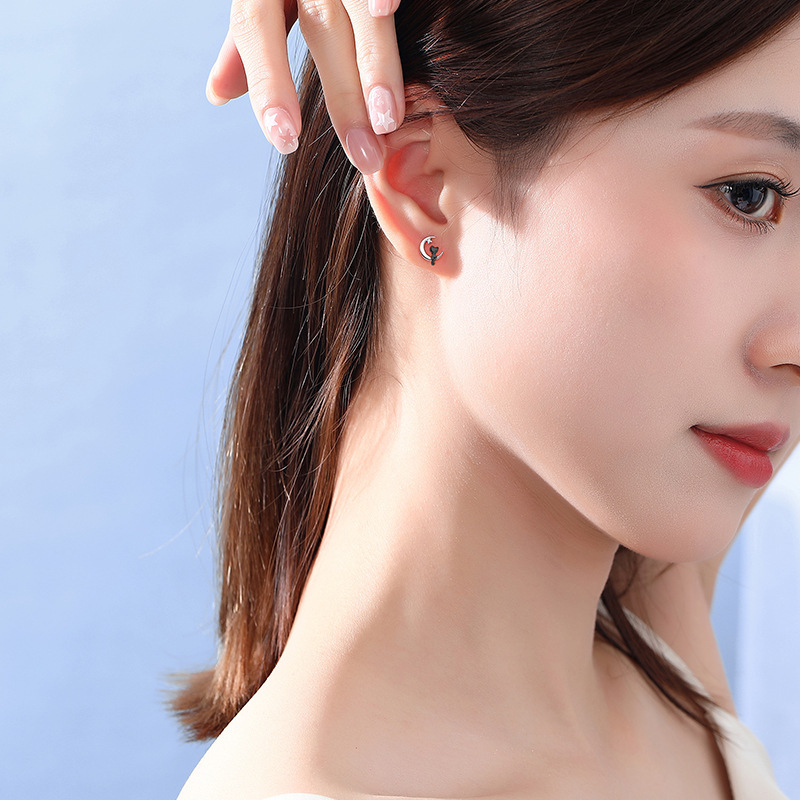 925 Sterling Silver Moon Cat Stud Earrings