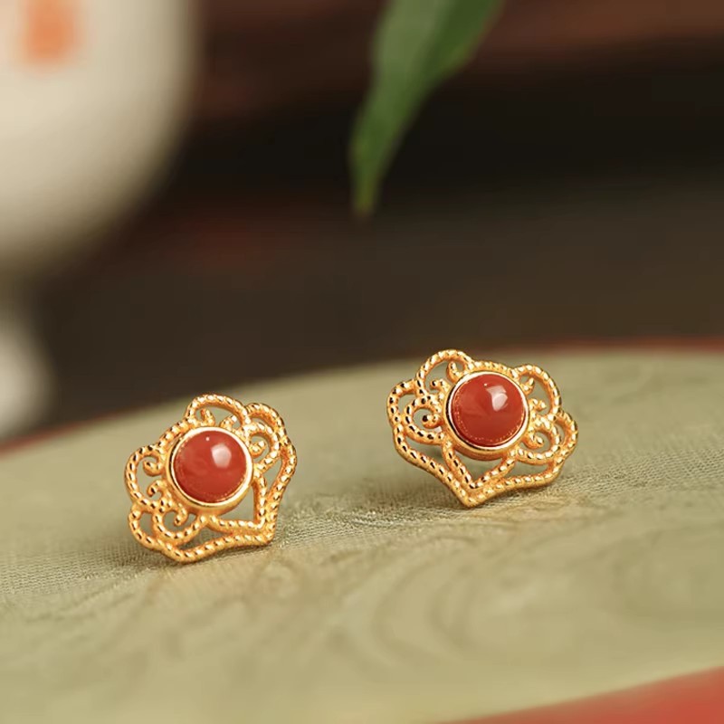 S925 sterling silver, South Red Agate, Ruyi-shaped earrings, new Chinese style, retro, minimalist, hollow design, elegant and unique earrings
