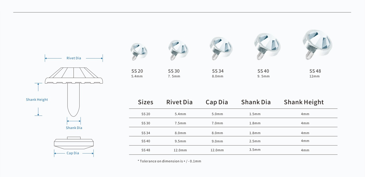 Crystal rivet size chart - 5 diameters from 5.4mm to 12mm