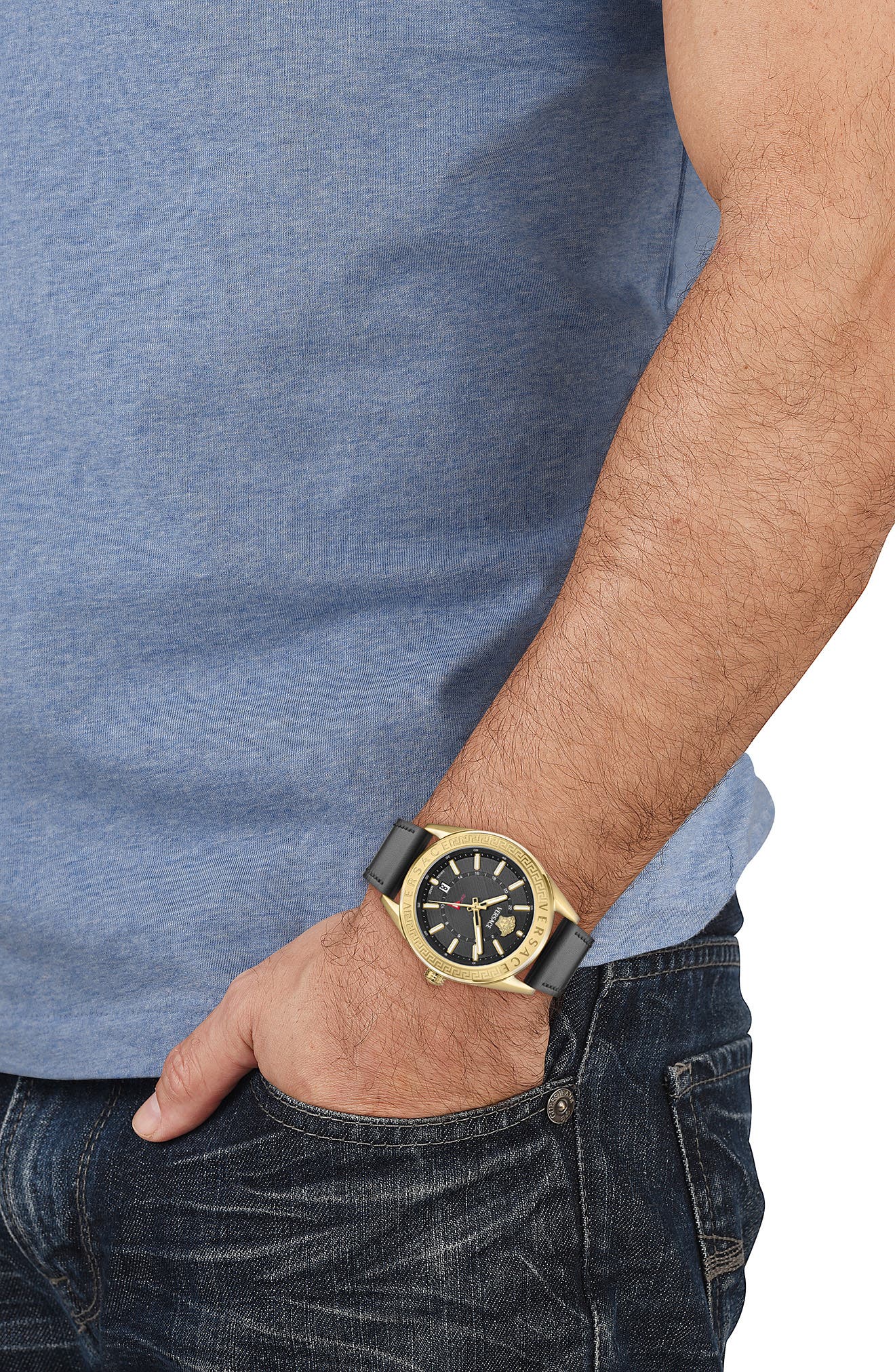 Versace V-Code GMT Leather Strap Watch, 42mm