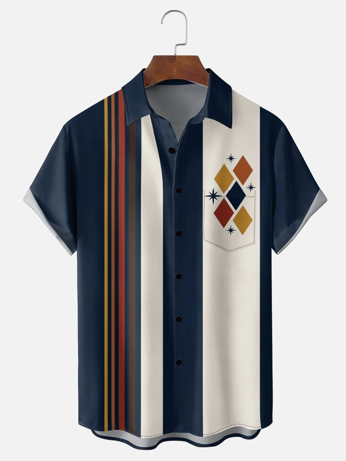 Moisture-Wicking Abstract Geometric Color Block Holiday Chest Pocket Bowling Shirt