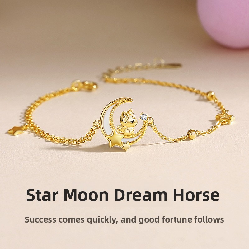 Original design star and moon cute horse bracelet for women, pure silver, Korean style, niche, girly, unicorn, zodiac horse year jewelry