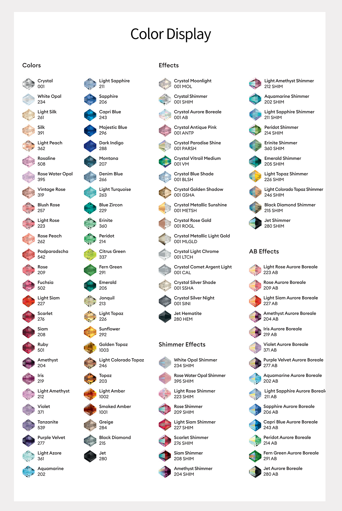 Swarovski crystal beads colour reference chart &ndash; crystal, jet, rose, sapphire