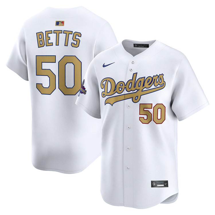 Mookie Betts Los Angeles Dodgers Nike Home 2025 Gold World Series Champions Limited Jersey - White