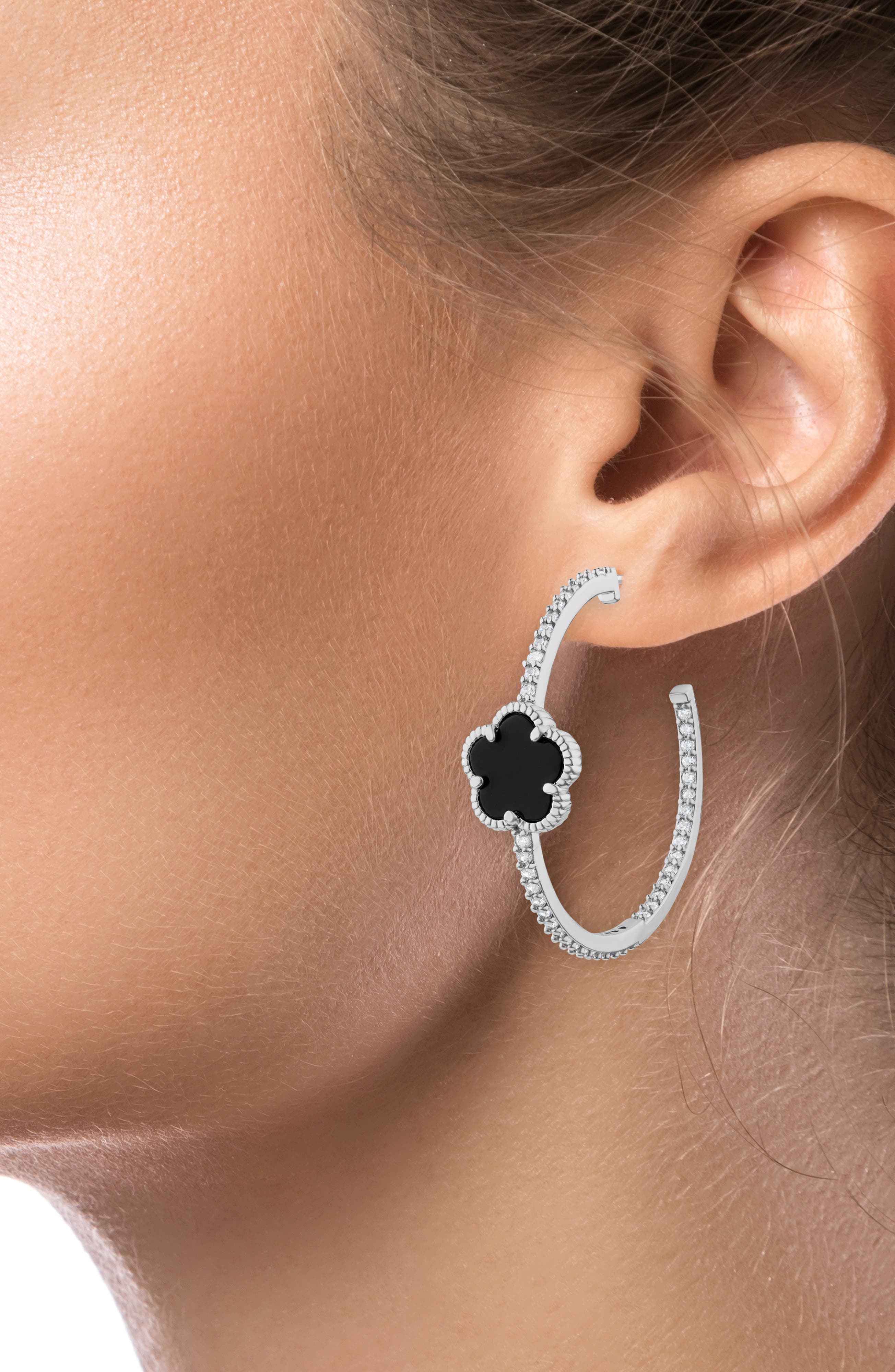 CZ by Kenneth Jay Lane Pavé Cubic Zirconia & Onyx Clover Hoop Earrings