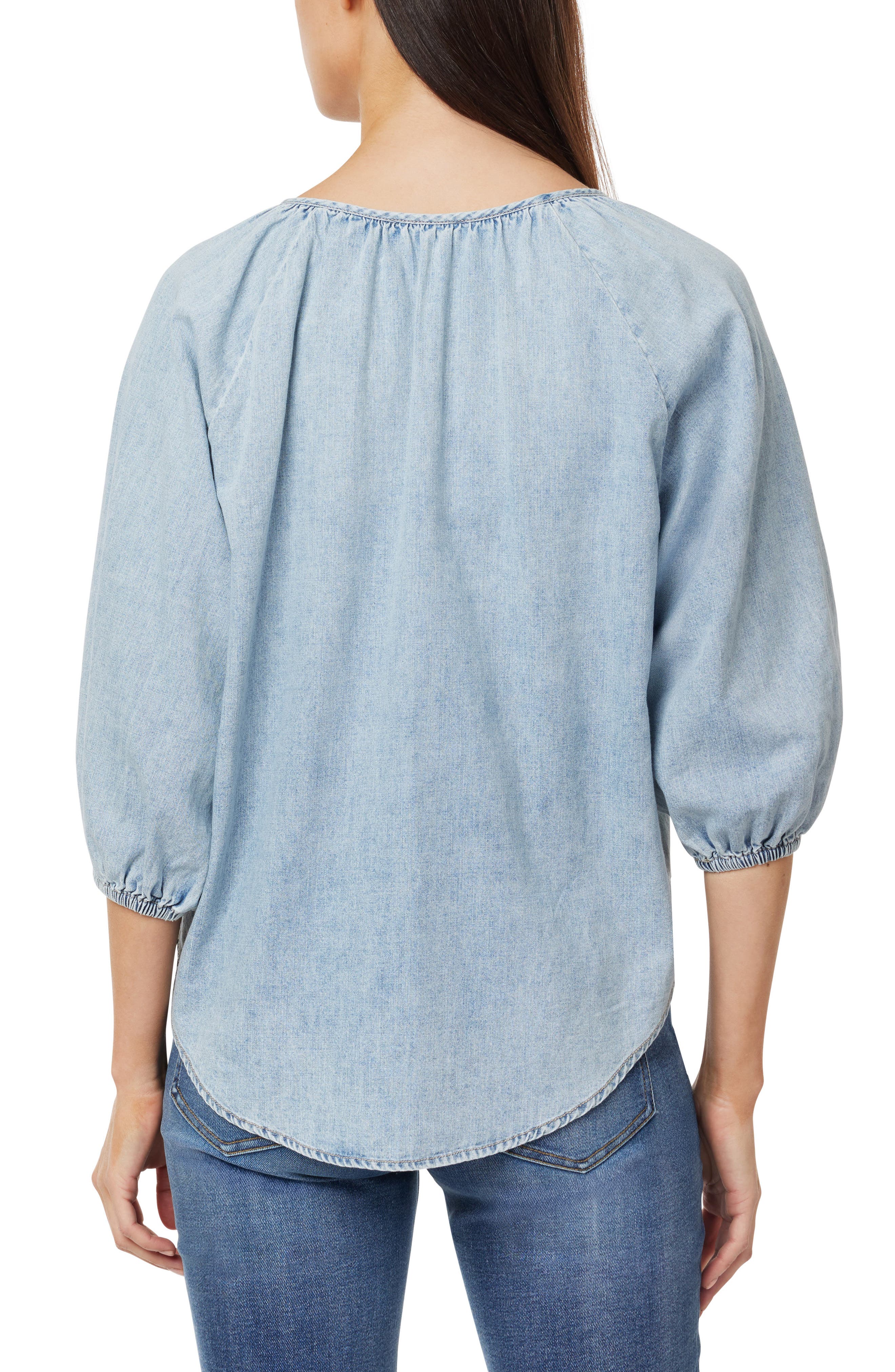 CURVE APPEAL Embroidered Denim Peasant Top